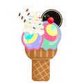 Icecream rainbow cream scoops waffle cone. on white background. Vector illustration