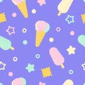 Icecream seamless pattern with dots stars and waffles