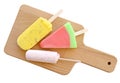 Icecream stick on wooden plate isolate on white (clipping path) Royalty Free Stock Photo