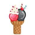 Icecream strawberry black sesame scoops waffle cone. on white background. Vector illustration Royalty Free Stock Photo