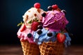 Icecream in waffle cone with strawberry, blueberry and vanilla flavor. Generative Ai