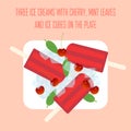 Icecreams popsicles with cherry, mint leaves and ice cubes