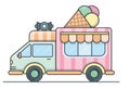 Flat vector illustration of ice cream truck with a megaphone and three balls of ice cream in a waffle cone on the roof