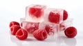 Icecubes and raspberries on white background