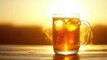 Iced beer sunset field wood table drink Royalty Free Stock Photo