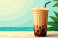 Iced bubble tea with tapioca pearls on a sunny beach background Royalty Free Stock Photo