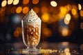 Iced caramel latte coffee in a tall glass with whipped cream. Generative AI illustration Royalty Free Stock Photo