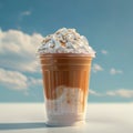 Iced caramel latte with whipped cream in plastic cup. Ad for cold coffee. Sky blue background. Summer drink concept Royalty Free Stock Photo