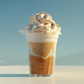 Iced caramel latte with whipped cream in plastic cup. Ad for cold coffee. Sky blue background. Summer drink concept Royalty Free Stock Photo