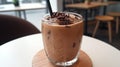 Iced Chocolate Drink with Whipped Cream and Chocolate Drizzle in a Cafe Royalty Free Stock Photo