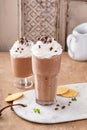 Iced chocolate coffee frappe with whipped cream