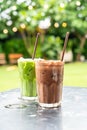 iced chocolate milkshake and iced green tea with milk Royalty Free Stock Photo