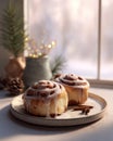 Iced cinnamon rolls on a plate, surrounded by pine cones, with a cozy winter theme Royalty Free Stock Photo