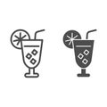 Iced cocktail with slice of lemon and srtraw line and solid icon, drinks concept, summer cocktail sign on white Royalty Free Stock Photo