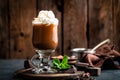 Iced cocoa drink with whipped cream, cold chocolate beverage, coffee frappe