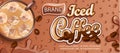 Iced coffee banner with ice and apteitic drops. Royalty Free Stock Photo