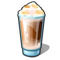 An iced coffee with caramel and whipped cream in a glass cup isolated on a white background. Recipes of delicious drinks