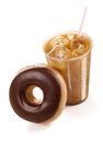 Iced Coffee with a Chocolate Glazed Donut on White Background