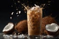 Iced Coffee with Coconut Splash and Fresh Coconuts on Dark Background Royalty Free Stock Photo