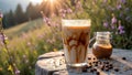 Iced coffee in a glass with caramel sauce on rustic table in sunny flower field Royalty Free Stock Photo