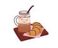 Iced coffee glass jar with milk, French croissant. Cold latte and fresh bakery. Cool beverage, milky drink, baked