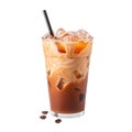 Iced coffee isolated on transparent background, delicious iced latte coffee drink in glass cup with ice cubes, black straw Royalty Free Stock Photo