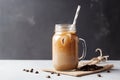 iced coffee latte in a jar, with straw and label for easy take-away