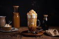 iced coffee latte served in vintage glass with whipped cream and caramel drizzle Royalty Free Stock Photo