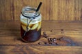 iced coffee with a lot of ice in a canning jar, idea of recycling. Summer drink