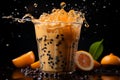 Iced coffee with oranges. Orange juice splash isolated on transparent background crown splash wave swirl. Iced coffee with milk Royalty Free Stock Photo