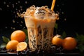 Iced coffee with oranges. Orange juice splash isolated on transparent background crown splash wave swirl. Iced coffee with milk Royalty Free Stock Photo