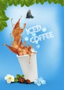Iced coffee pouring down into a takeaway cup on bright blue back Royalty Free Stock Photo