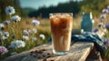 Iced Coffee on Rustic Wooden Bench in Summer Field Royalty Free Stock Photo