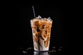 Iced coffee with swirling milk in a glass, coffee beans scattered