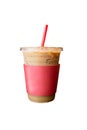 Iced coffee in take-away plastic cup with red safety cardboard collar and red straw, isolated on white Royalty Free Stock Photo