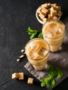 Iced coffee in tall glasses with cream and pieces of sugar, mint Royalty Free Stock Photo