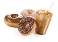 Iced Coffee and Three Donuts on White Background Royalty Free Stock Photo