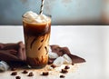 Iced coffee with whipped cream and chocolate chips on a white background Royalty Free Stock Photo