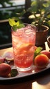 Iced cold drink, watermelon shake mojito or juice, with slices of fresh watermelon, in a small tray on a white wooden table Royalty Free Stock Photo