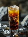 Iced cold soda in a tall glass with a dark background Royalty Free Stock Photo