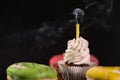 Iced cupcake with smoking candle