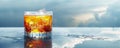 An iced drink on a sleek, reflective surface, positioned to leave space for text. Royalty Free Stock Photo