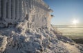 Iced gates, fence and fence on the top of Mount Beshtau, textured texture of snow and ice