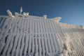 Iced gates, fence and fence on the top of Mount Beshtau, textured texture of snow and ice