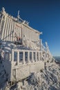 Iced gates, fence and fence on the top of Mount Beshtau, textured texture of snow and ice