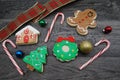 Iced Gingerbread Christmas Cookies with Holiday Decorations top view Royalty Free Stock Photo