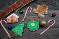 Iced Gingerbread Christmas Cookies with Holiday Decorations top view Royalty Free Stock Photo