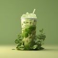 Iced Green matcha tea mixed with ice cube and milk in high glass, creative, copy space. Close up. Cold matcha latte on dirty green Royalty Free Stock Photo