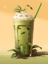 Iced Green matcha tea mixed with ice cube and milk in high glass, creative illustrattion. Close up. Cold matcha latte on beige