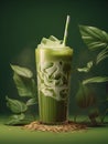 Iced Green matcha tea mixed with ice cube and milk in high glass, creative illustrattion. Close up. Cold matcha latte on dirty Royalty Free Stock Photo